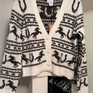 Nicole Miller Cream and Brown Horse Pattern Cardigan